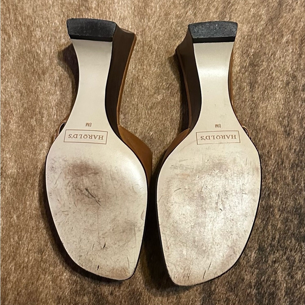 Harold’s Cognac Fine Leather Mid Heel Slide Sandals - Picture 5 of 6